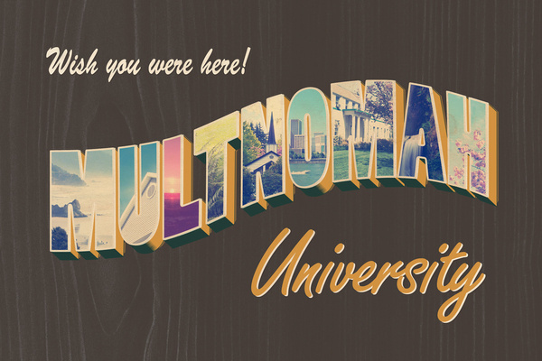 University mailer inspired by old postcards and the thrill of travel. #portland #travel #retro #woodgrain #vintage #postcard
