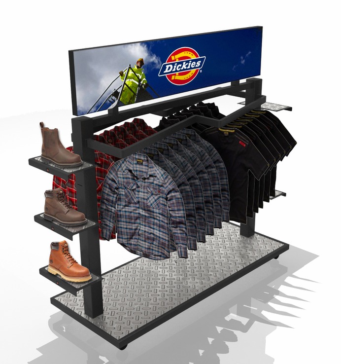 A very commonly seen type of display in retail, here is the design for the gondola display with the clothing hanging from it.