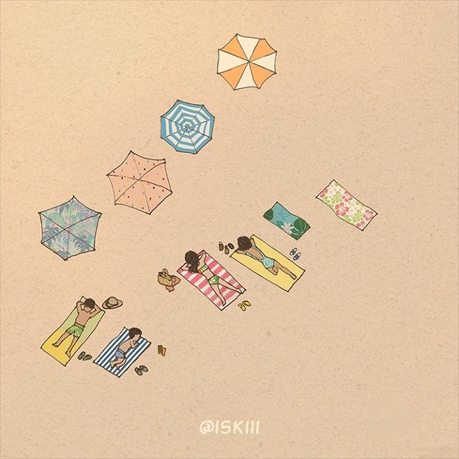 sandbed ❑ illustration by @iSKiii www.iskistudio.com #sun #aerial #tropical #tan #jakarta #umbrellas #indonesia #island #illustration #sand #bed #summer #sunbathe #sunbathing #beach