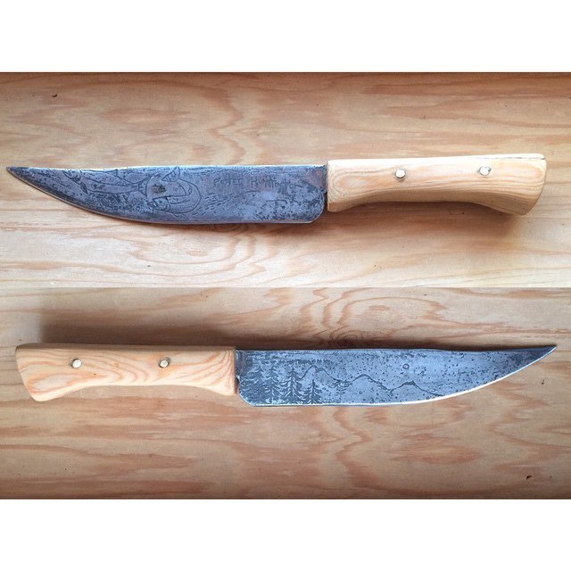 Forged knife with acid etched drawings and handle made with Doug Fir from the cinder cone, one of my favorite pieces.
