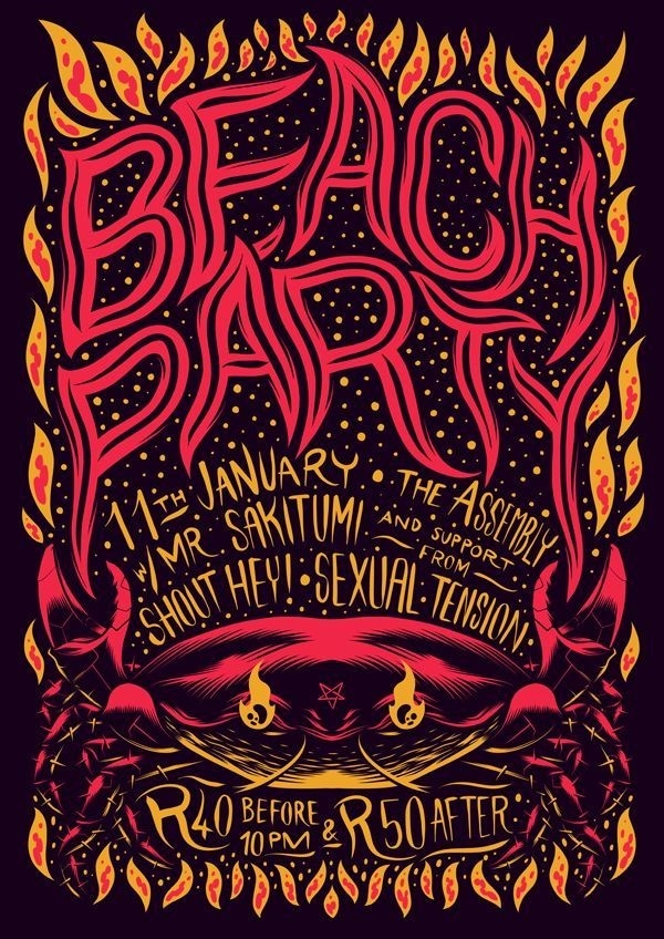Fire, Beach Party, Gig Poster #party #gig #fire #poster #beach #crab