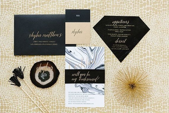 Geometric BlackGold Dinner Party / Modern Stationery / Marble / Agate Escort Cards / Black Leather / Kate Spade New York / 100 Layer Cake # #geometry