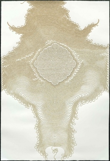 Text Drawings Created by Cutting Thousands of Letters from Books and Religious Texts | Colossal #meg #letters #hitchock #verses #koran #satanic