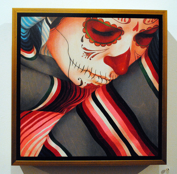 Opening Night: Sylvia Ji's "Interwoven" at Fecal Face Dot Gallery | Hi Fructose Magazine #blanket #stripes #sugar #skull