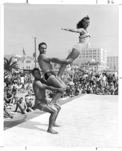 blackandwtf: " Sept. 6, 1954 Santa Monica's Muscle Beach crowds were treated to the show they have come to expect Labor Day weekend. DeF