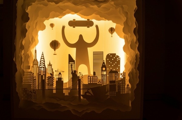 Rise & Skate // Papercut installation at BordoBello NYC www.thumbdemon.com #illustration #harikrishnan #paper #panicker