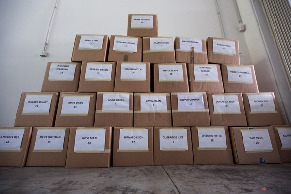 Boxes of swag coming in for all the riders (new jeans, shirts, kit, sunglasses, etc) #cycling #orica #edge #green