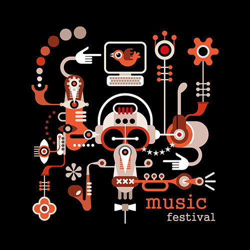 Music Festival - isolated vector illustration on black background. Artwork placard with text #computer #abstract #guitar #vector #banner #jazz #design #night #illustration #art #music #party