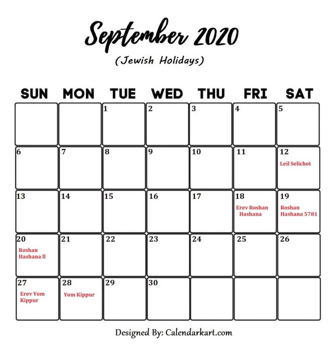 September 2020 Calendar with Jewish Holidays