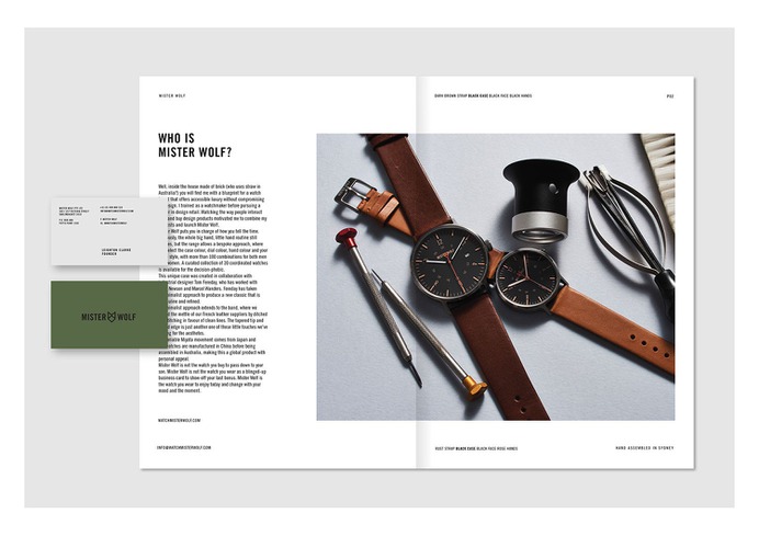 Mister Wolf Watches Identity - Mindsparkle Mag Nick Barclay designed the identity for Mister Wolf – a brand that produces high-quality, thoughtfully designed timepieces for men and women that are designed and assembled in Sydney. #logo #packaging #identity #branding #design #color #photography #graphic #design #gallery #blog #project #mindsparkle #mag #beautiful #portfolio #designer