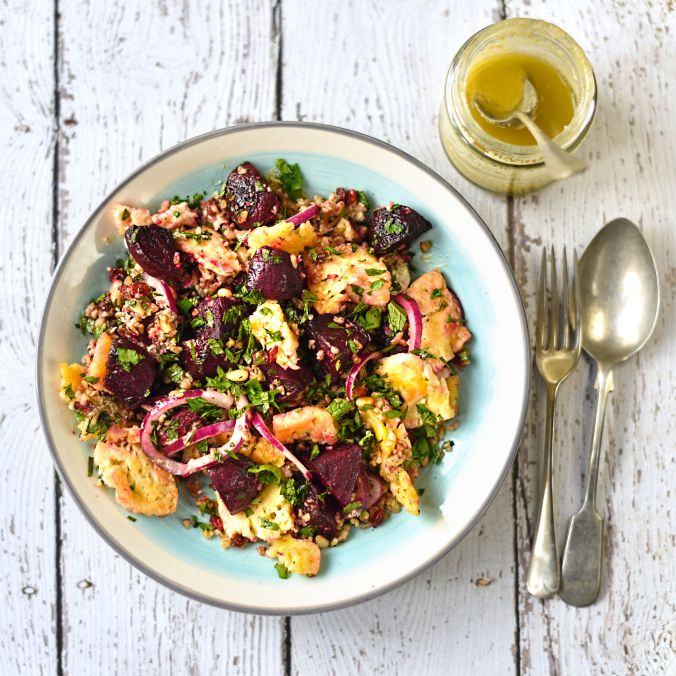 Roast beetroot, halloumi and couscous salad with onion, mint and parsley