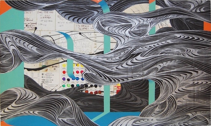 David Ellis OH (blue and orange), 2008 Lot Number 73 Acrylic and collage on wooden panel 54 x 87 x 7 cm (21.26 x 34.25 x 2.76 in) Signed wit