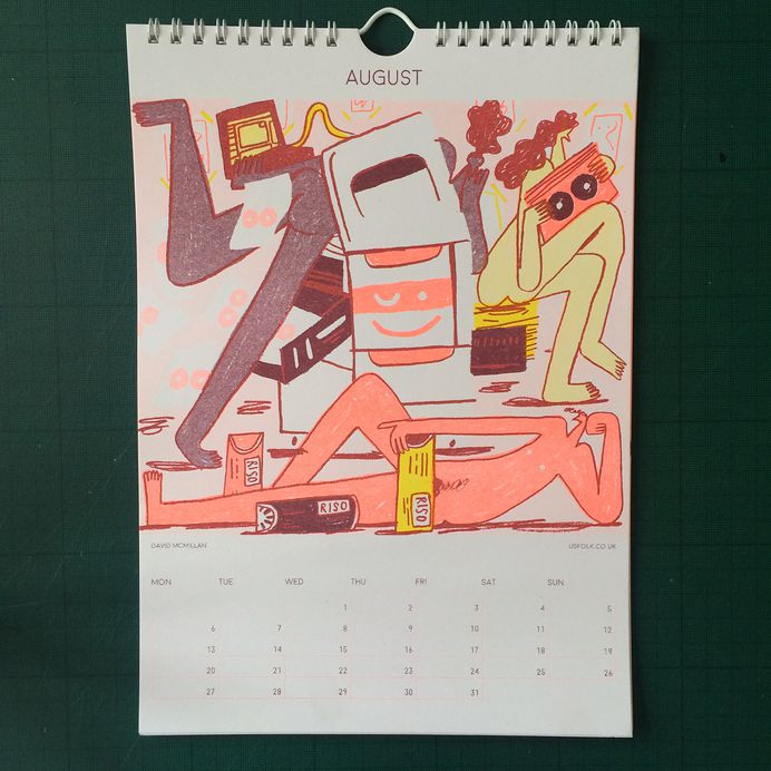 August is almost over. The summer is coming to an end. We’re back from our holidays and into the studio again to get on with old jobs and new projects. Boohoo. Even if it’s nearly jumper season doesn’t mean you can’t strip off while printing, as things fly hot off the press, like my little characters for @usfolkillustrate 2018 Nude Calendar 🍑🍆