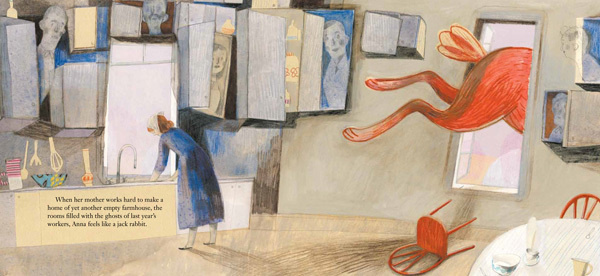 Migrant: An Alice in Wonderland for the Modern Immigrant Experience | Brain Pickings #book #spread #illustration #jump #window #rabbit