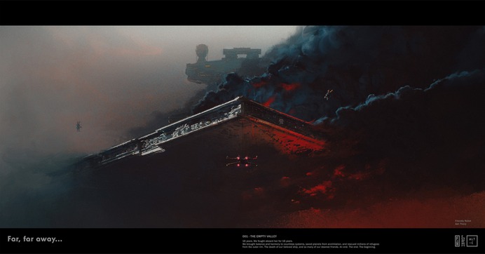 Far Far Away, is a limited run of paintings by Ash Thorp and Friendly Robot with narration by Pilotpriest. Our goal is to dive into moments, ideas, scenes, characters that we adore from the lore of Star Wars.