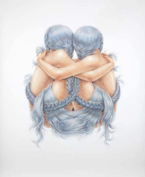 A Hopeful Combination 2013 pencil crayon on paper 44 #hair #illustration #braid #embrace #crayon #pencil