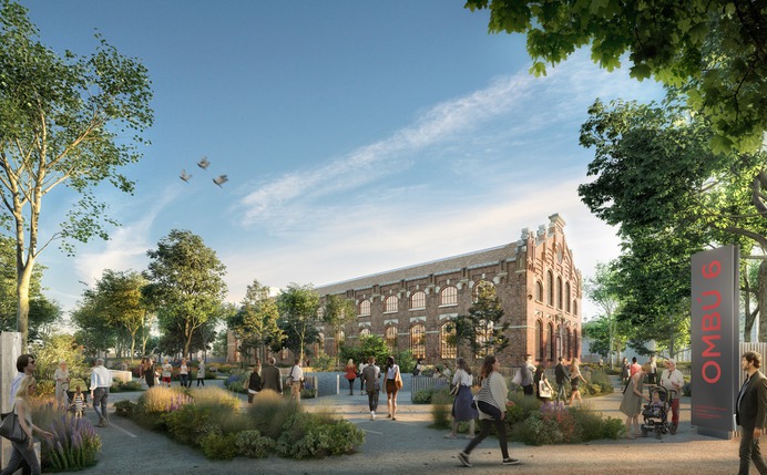 Foster + Partners Transforms Historic Industrial Building into Offices for Acciona in Madrid, Spain,General view of the revitalised industrial building sitting in a landscaped garden. Image Courtesy of Foster + Partners
