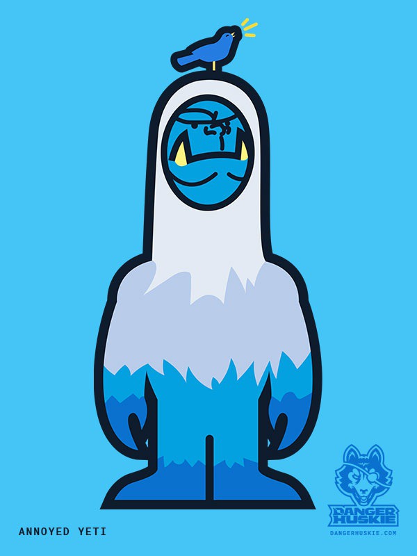 Happy birds chirping on the Yeti's head are totally throwing off his grumpy demeanor. #vector #illustrator #illustration #blue #bird #song #songbird #annoyed #winter