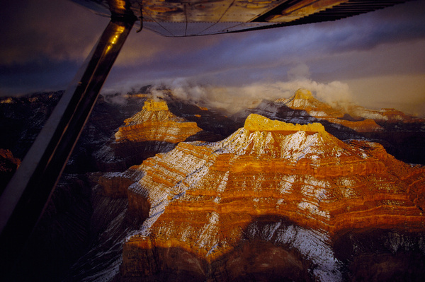 The snow flecked Isis Temple rock formation rises from the Grand Canyon, 1969.Photograph by Walter Meayers Edwards, National Geographic #temple #aerial #geo #grand #nat #photography #nature #vintage #isis #film #canyon