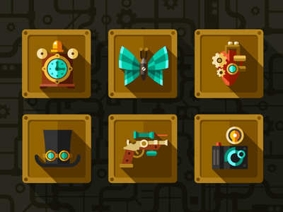 Flat steampunk icon set #heart #train #zeppelin #camera #gun #steampunk #mechanical #butterfly #ampermetr #locomotive #settings #watches