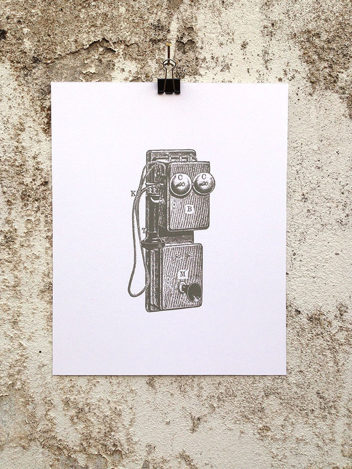 Telephone - 8 x 10 Mini Poster #phone #talk #voice #kitsch #retro #telegraph #rotary #illustration #speak #sound #vintage #etching #communication #telephone #communicate #voices