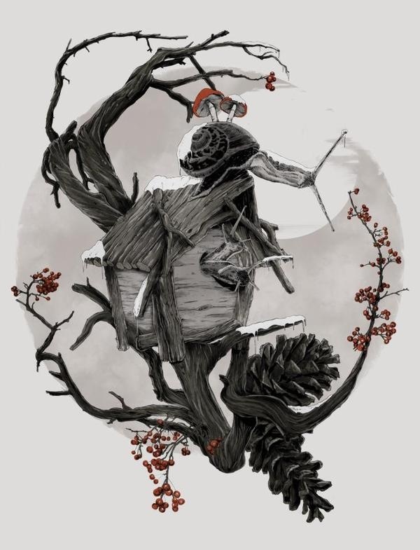 ÆFTERA YULE #mushroom #semeano #pinetree #house #tree #branch #pedro #graphic #cherry #wood #illustration #snail #pine #drawing #allegiance #winter