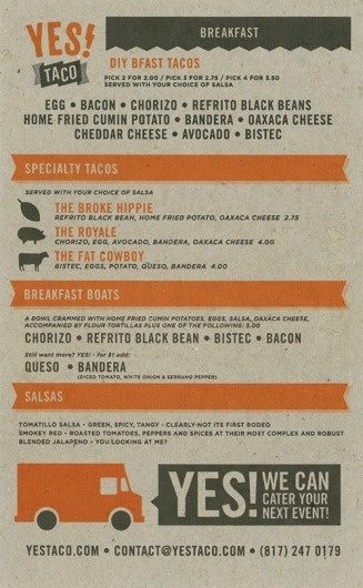 Art of the Menu: Yes! Taco #cardboard #menu #orange #brown #collateral #grey