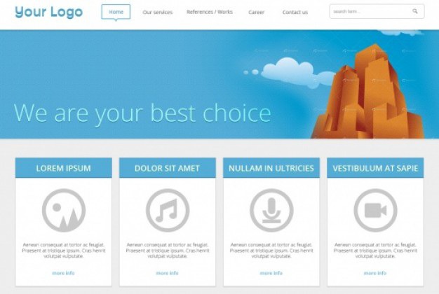 Blue web template in flat design Free Psd. See more inspiration related to Design, Template, Blue, Icons, Web, Header, Web design, Flat, Flat design, Grid, Psd, Website template, Web icons, Flat icon and Horizontal on Freepik.