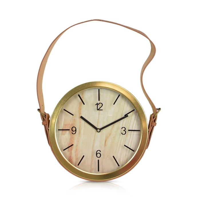 Round Brass Strap Clock With Tan Strap 33cm