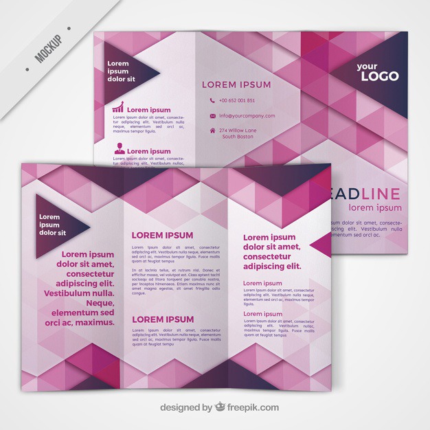Trifold with geometric shapes in pink color Free Psd. See more inspiration related to Brochure, Flyer, Mockup, Business, Abstract, Template, Geometric, Pink, Shapes, Leaflet, Color, Text, Flyer template, Stationery, Corporate, Mock up, Company, Modern, Booklet, Polygonal, Information, Geometric shapes, Trifold, Triangles, Abstract shapes, Low poly, Up, Geometrical, Stylish, Low, Mock and Geometrical shapes on Freepik.