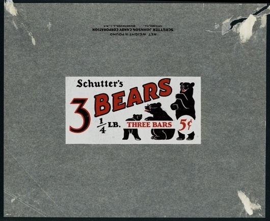 All sizes | Schutter-Johnson Candy - 3 Bears - 5-cent candy bar wrapper - 1930's | Flickr - Photo Sharing! #confectionery #mascot #1930 #packaging #candy #sweets #vintage #bears #30s