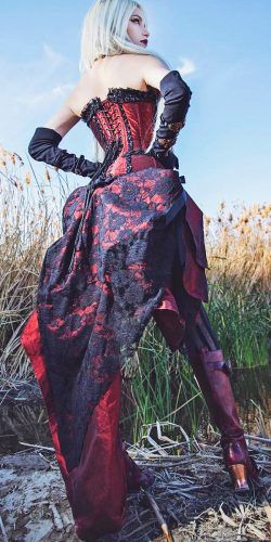 gothic black and red wedding dresses high low strapless neckline
