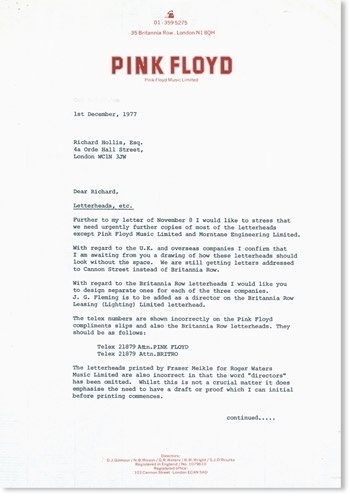 Pink Floyd « Richard Hollis Design Works #print #1972 #stationery #music #letterhead