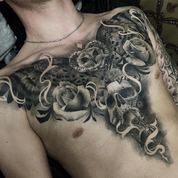 Black and grey #chest #tattoo with Roses, Owl and #skull 