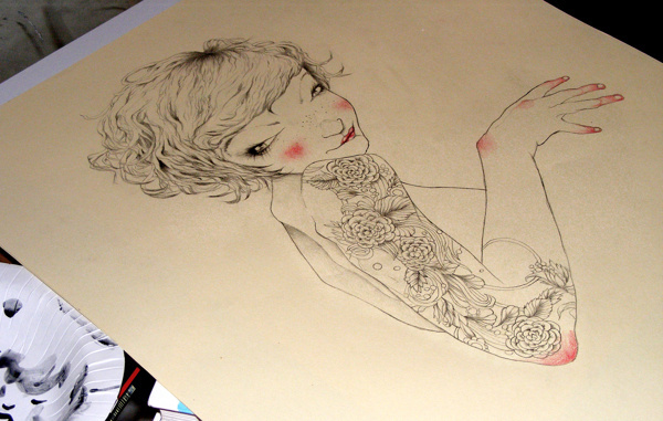 work in progress on Behance #sexy #red #hair #women #illustration #drawn #tattoos #pencil #hand #flowers
