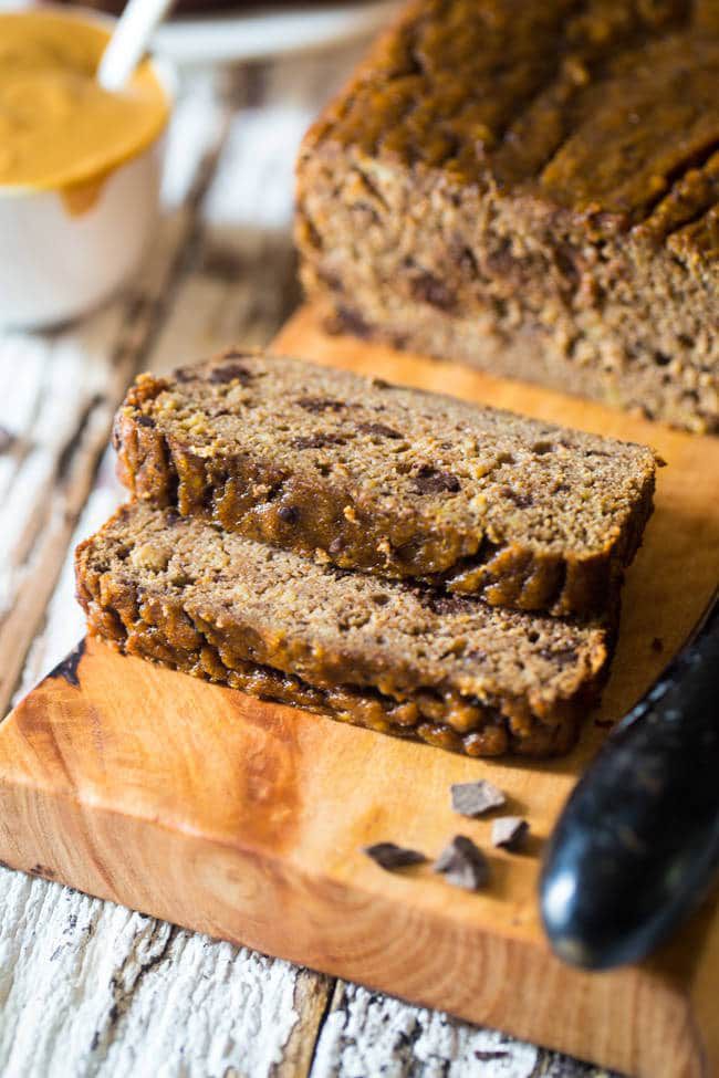 Paleo Chocolate Almond Butter Banana Bread - This easy, healthy Paleo banana bread is made extra delicious with almond butter and chocolate! It's a gluten free, portable breakfast or snack! | Foodfaithfitness.com | @FoodFaithFit