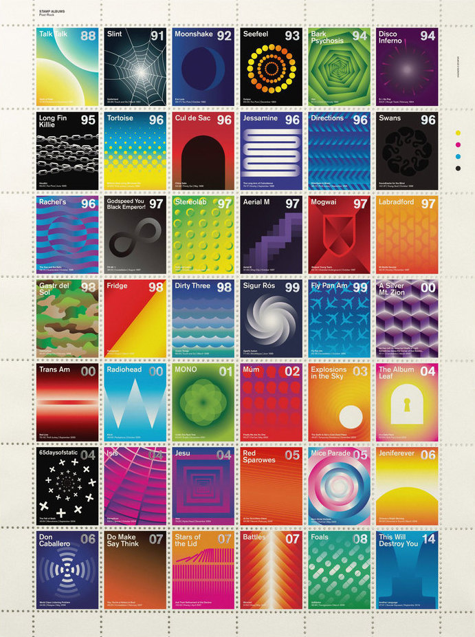 Post-punk and post-rock albums redone as postage stamps on Swiss modernist design principles | Dangerous Minds