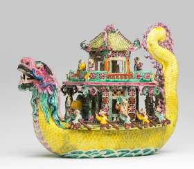 Polychrome decorated ship in dragon shape, made of porcelain #porcelain