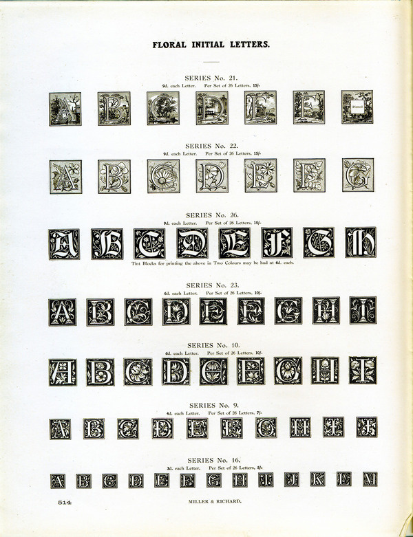These initial letters are from Miller and Richard. Makes sure to zoom in and check out the pastoral scenes in the top row. #type #specimen #typography