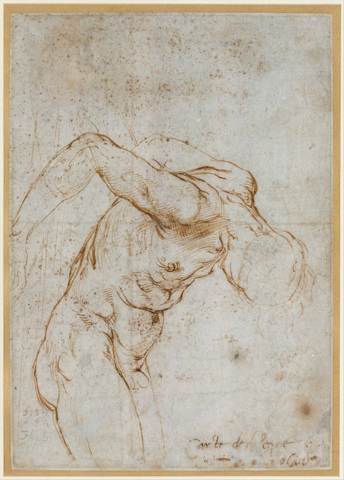 Raphael (Raffaello Sanzio or Santi) | Madonna and Child with the Infant Saint John the Baptist; upper left, Study for the Right Arm of the Infant Saint John; upper right, Study for Drapery (recto); Study of a Nude Male Figure (verso) | The Met