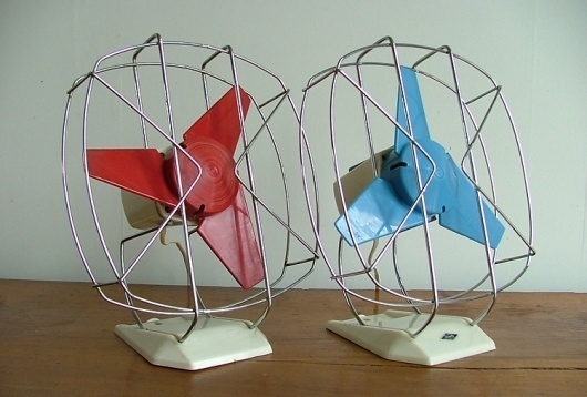 Red and Blue Fans by Itho « The Mid-Century Modernist #pair #red #rotary #desk #vintage #blue #fan