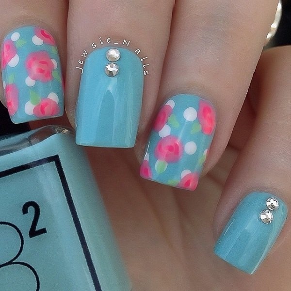 Blue floral themed Polka dots nail art design