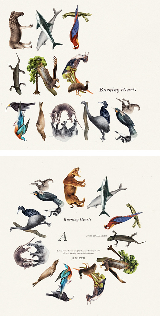 Extinctions: Burnign Hearts Album Cover by Emil Bertell #animals #illustration #typography