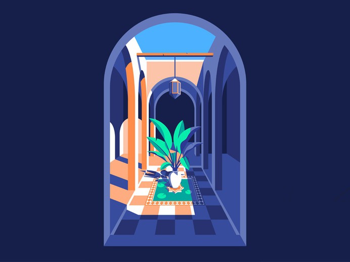 Small Courtyard plant tiles contrast building architecture