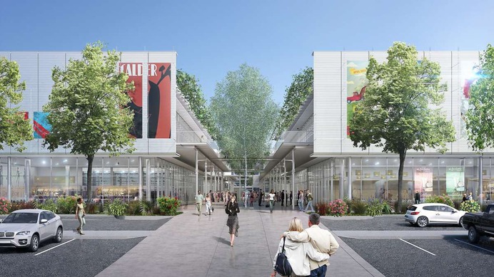 The new City Center proposed for suburban San Ramon by Renzo Piano Building Workshop. This view shows the exterior from Bollinger Canyon Road. Unlike most suburban complexes, it is designed to be open to pedestrians from all sides.