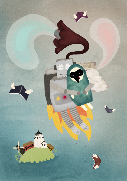 Michelle Carlslund illustration: Music Robot & Bird Girl #bornholm #couple #girl #robot #escape #nordic #books #danish #bird #island #illustration #nature #fly #gramophone #sound #scandinavian #music #wedding #love
