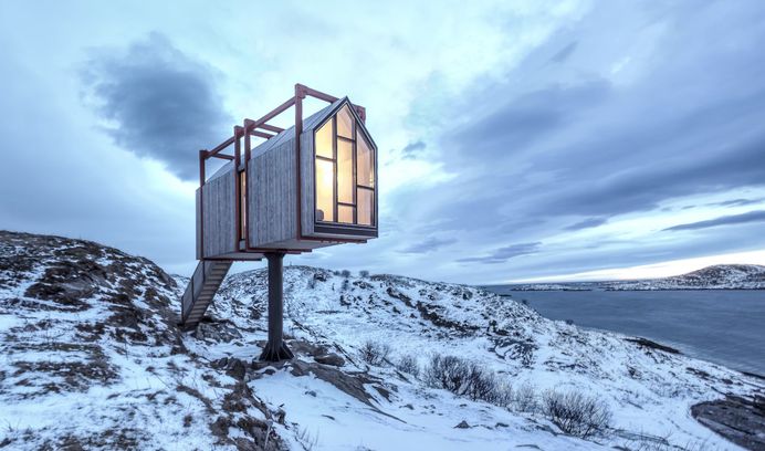 Remote Cabin Cluster on a Norwegian Island. Exterior, Cabin Building Type, Wood Siding Material, Gable RoofLine, and Metal Siding Material.