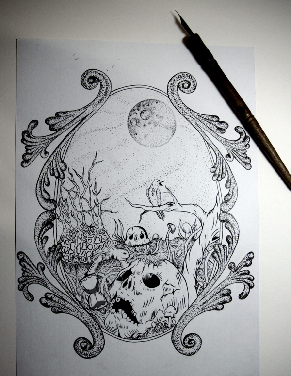 Outono on Behance #skull #ink #moon