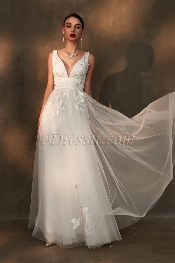 Sexy Deep V-Cut Lace Applique Tulle Wedding Party Dress-eDressit (01200207)