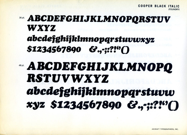 This is a type specimen of Oswald Cooper's 1926 classic Cooper Black Italic. #type #specimen #typography
